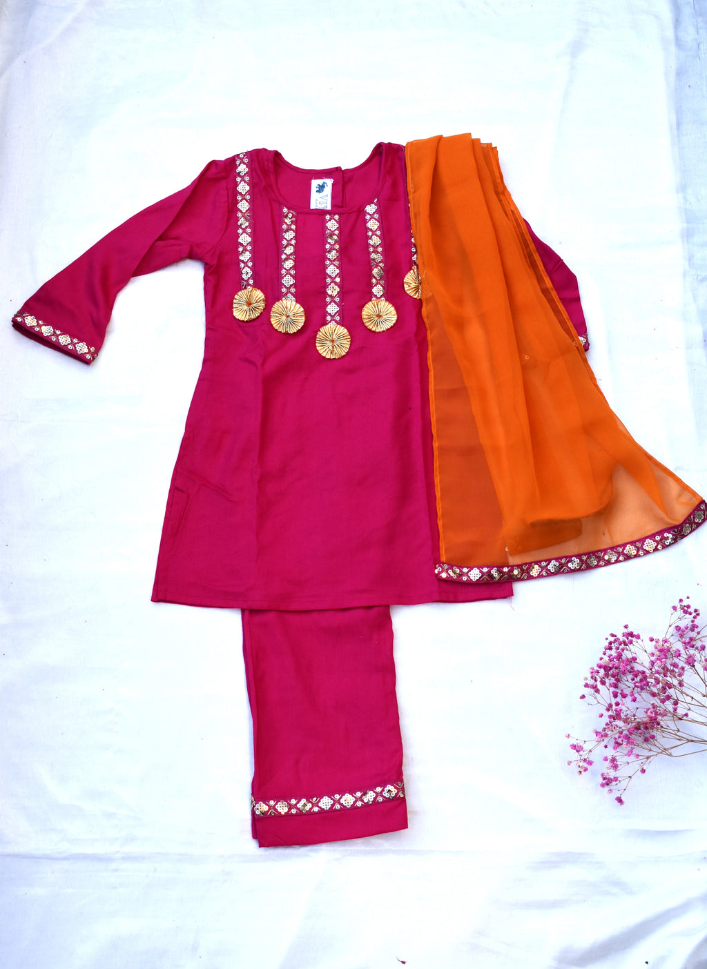 Girls Pink Suit set with Orange dupatta