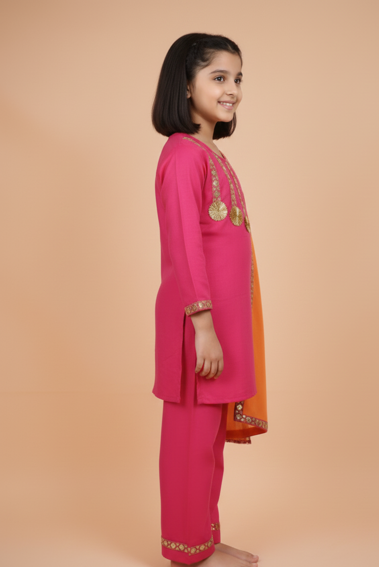 Girls Pink Suit set with Orange dupatta