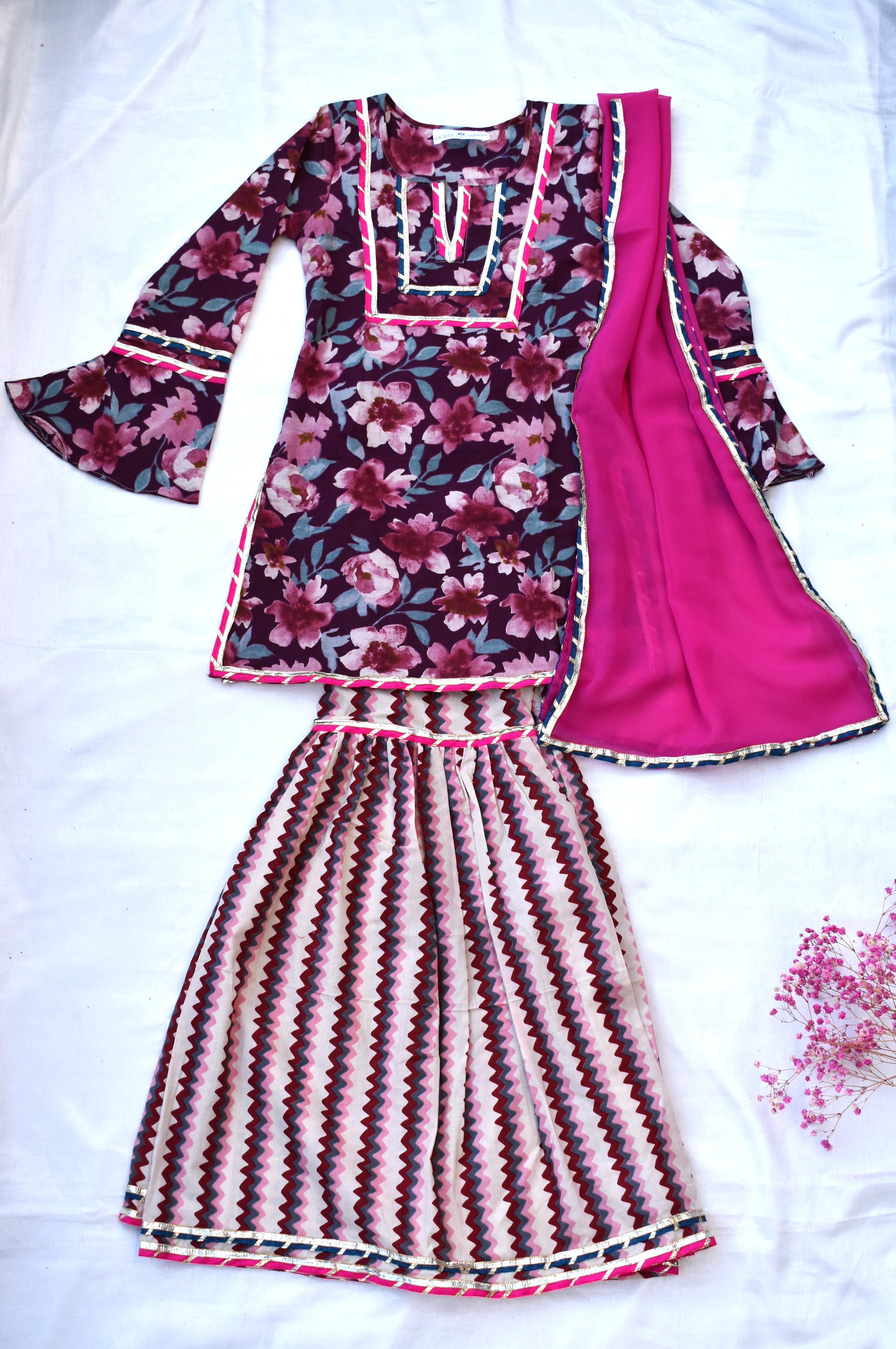 Girls wine floral sharara set