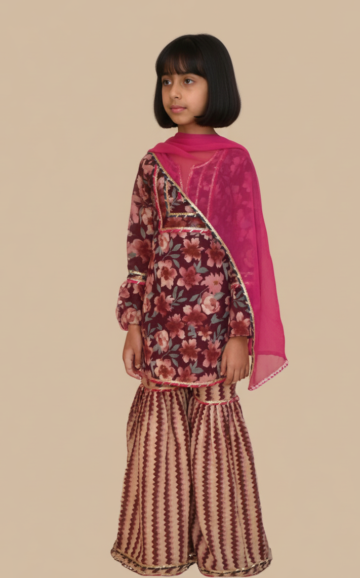 Girls wine floral sharara set