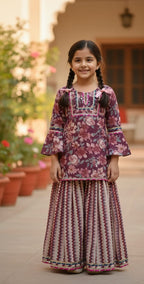 Girls wine floral sharara set