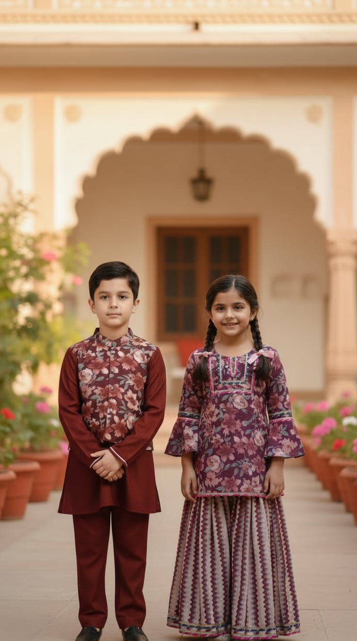Girls wine floral sharara set