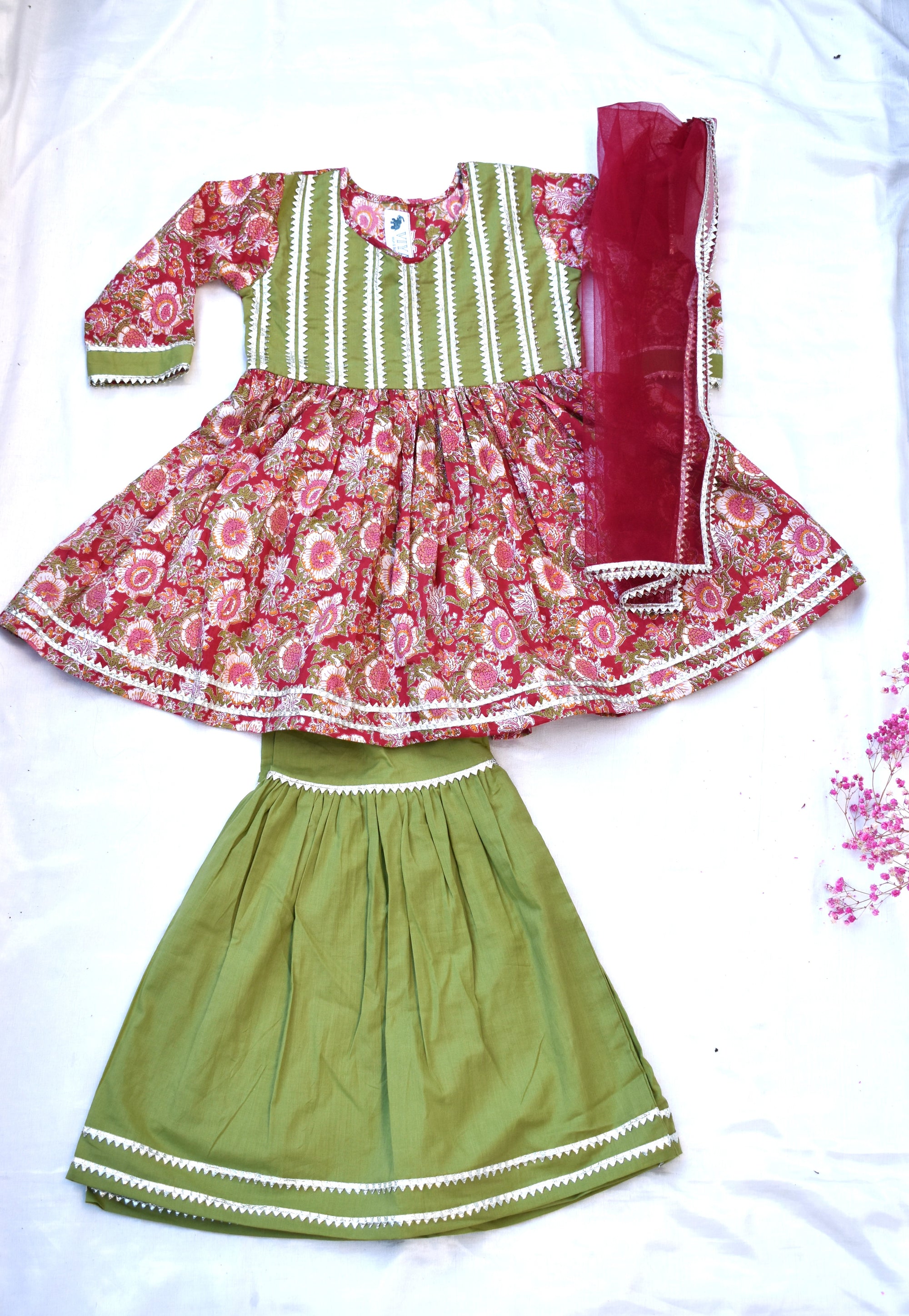 Girls floral red and green sharara set