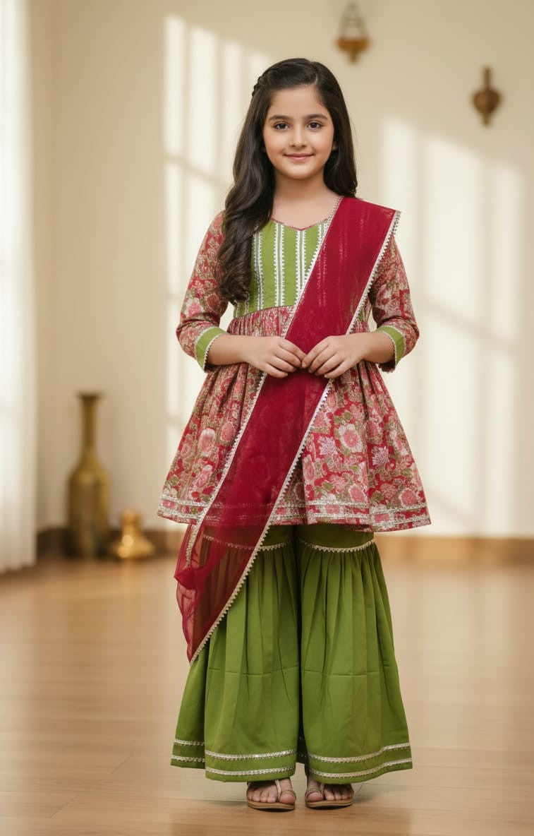 Young girl wearing a green and red traditional outfit with a red dupatta.