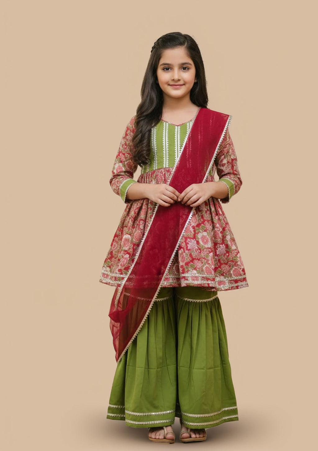 Girls floral red and green sharara set