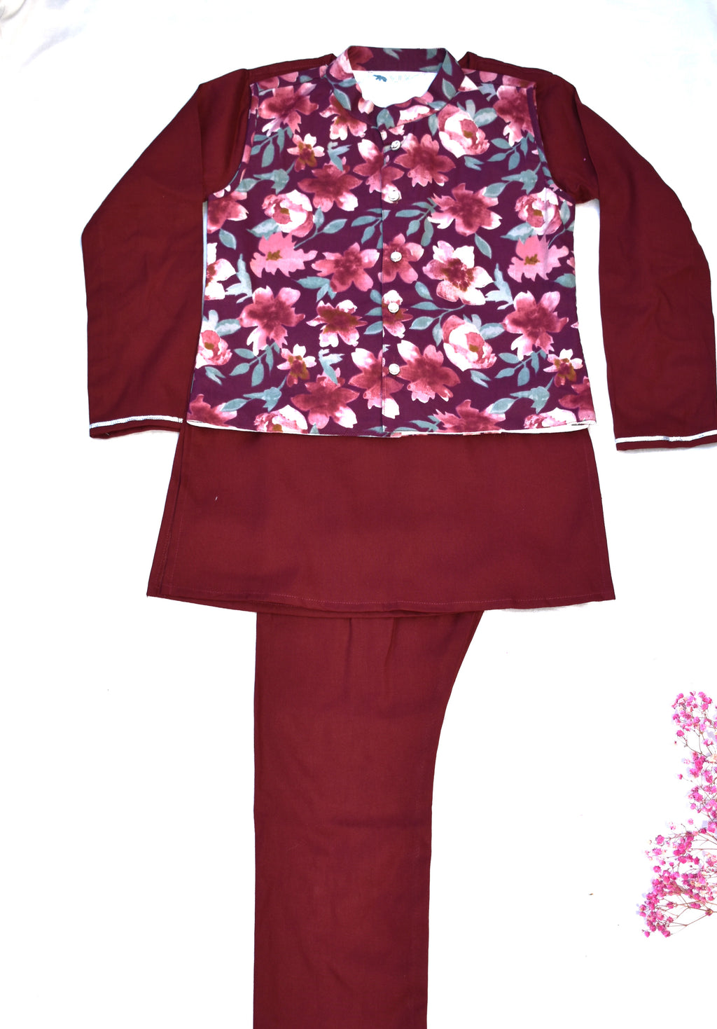 Red Kurta Payjama with Floral Jacket