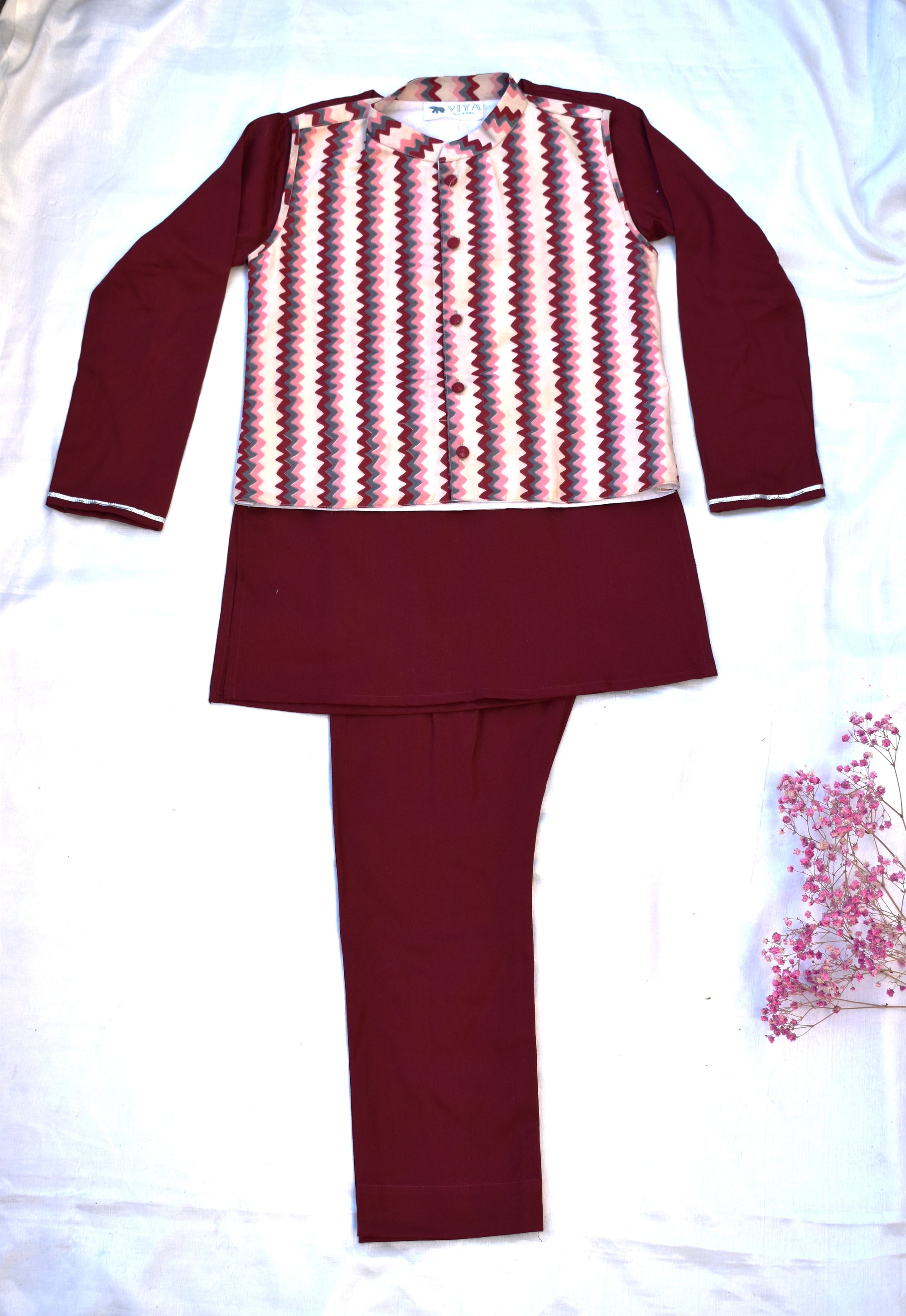 Red Kurta Payjama with zig zag Jacket