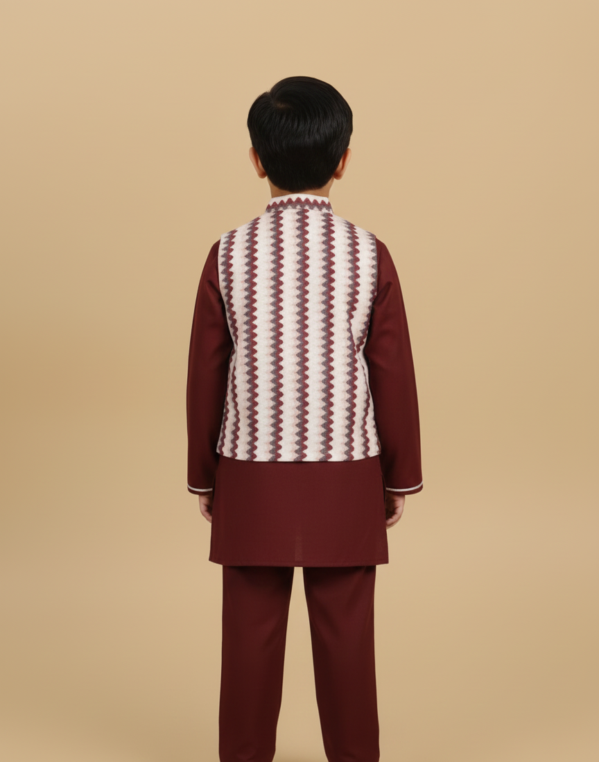 Red Kurta Payjama with zig zag Jacket
