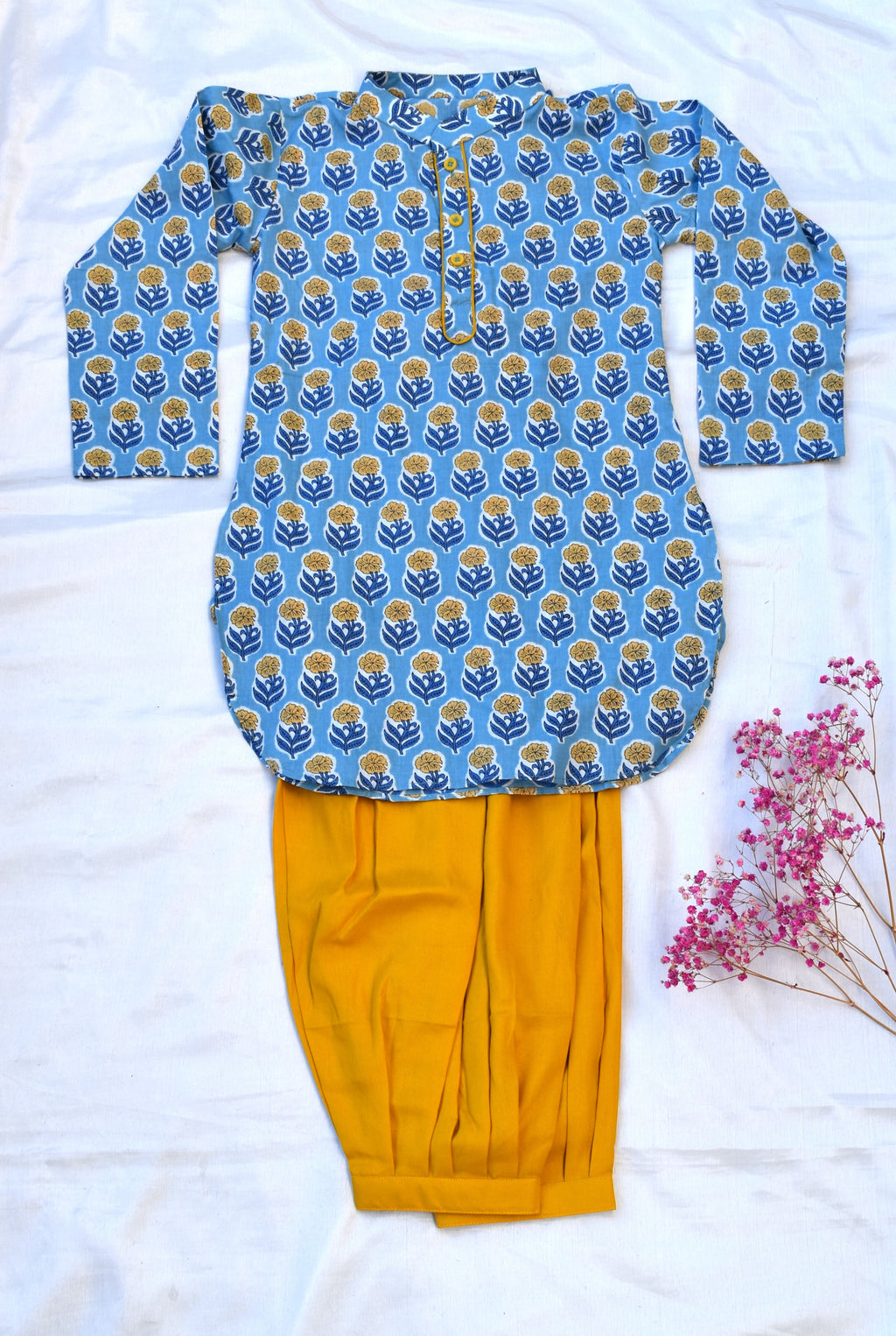 Blue floral kurta with yellow payjama