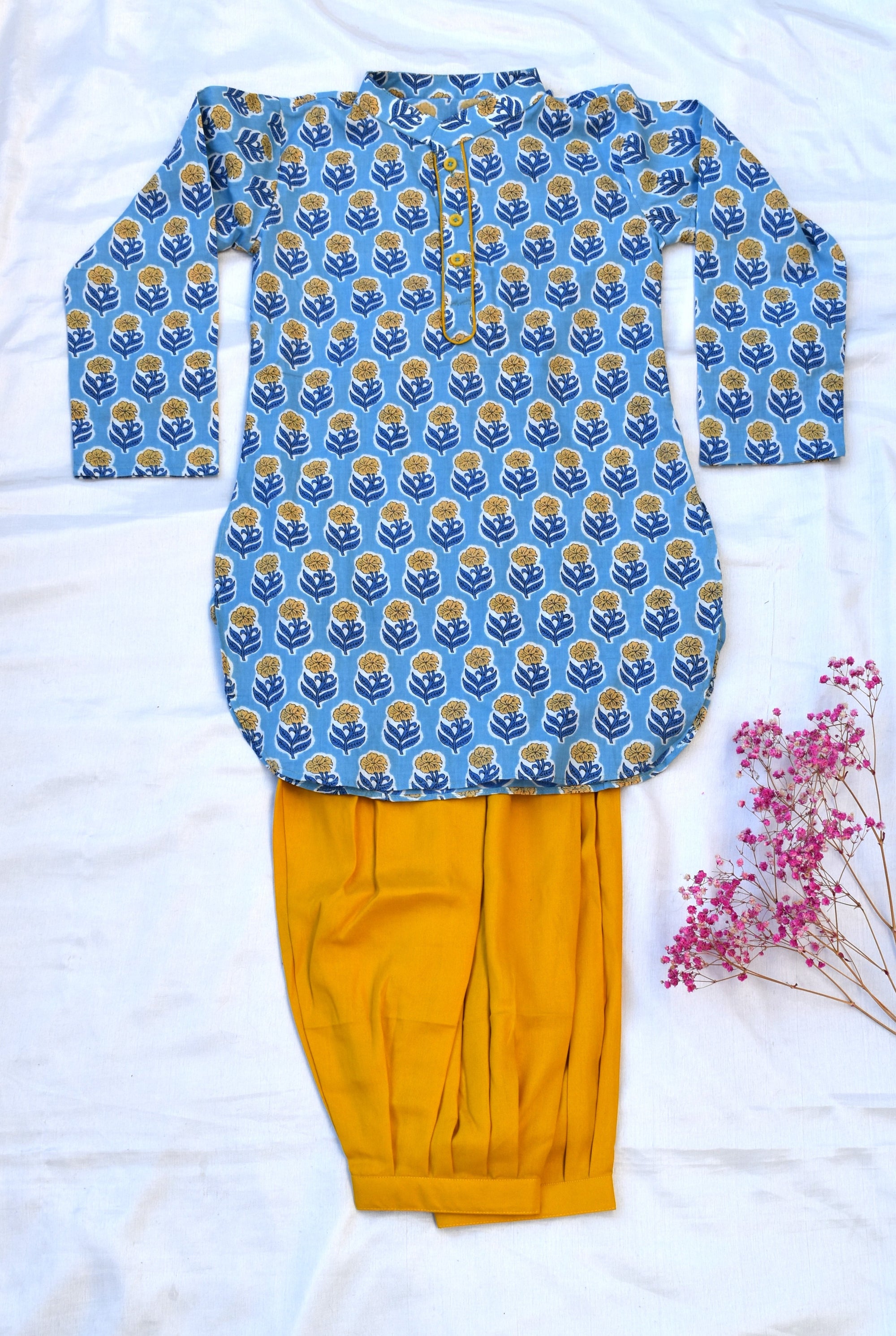 Blue floral kurta with yellow payjama