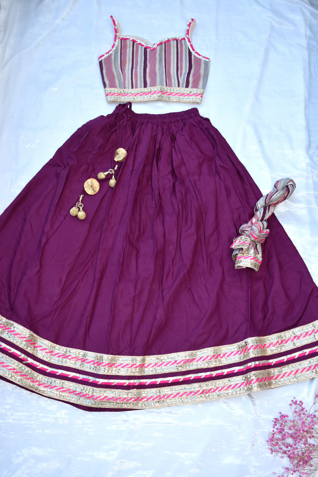 Burgundy lehenga with striped blouse and dupatta