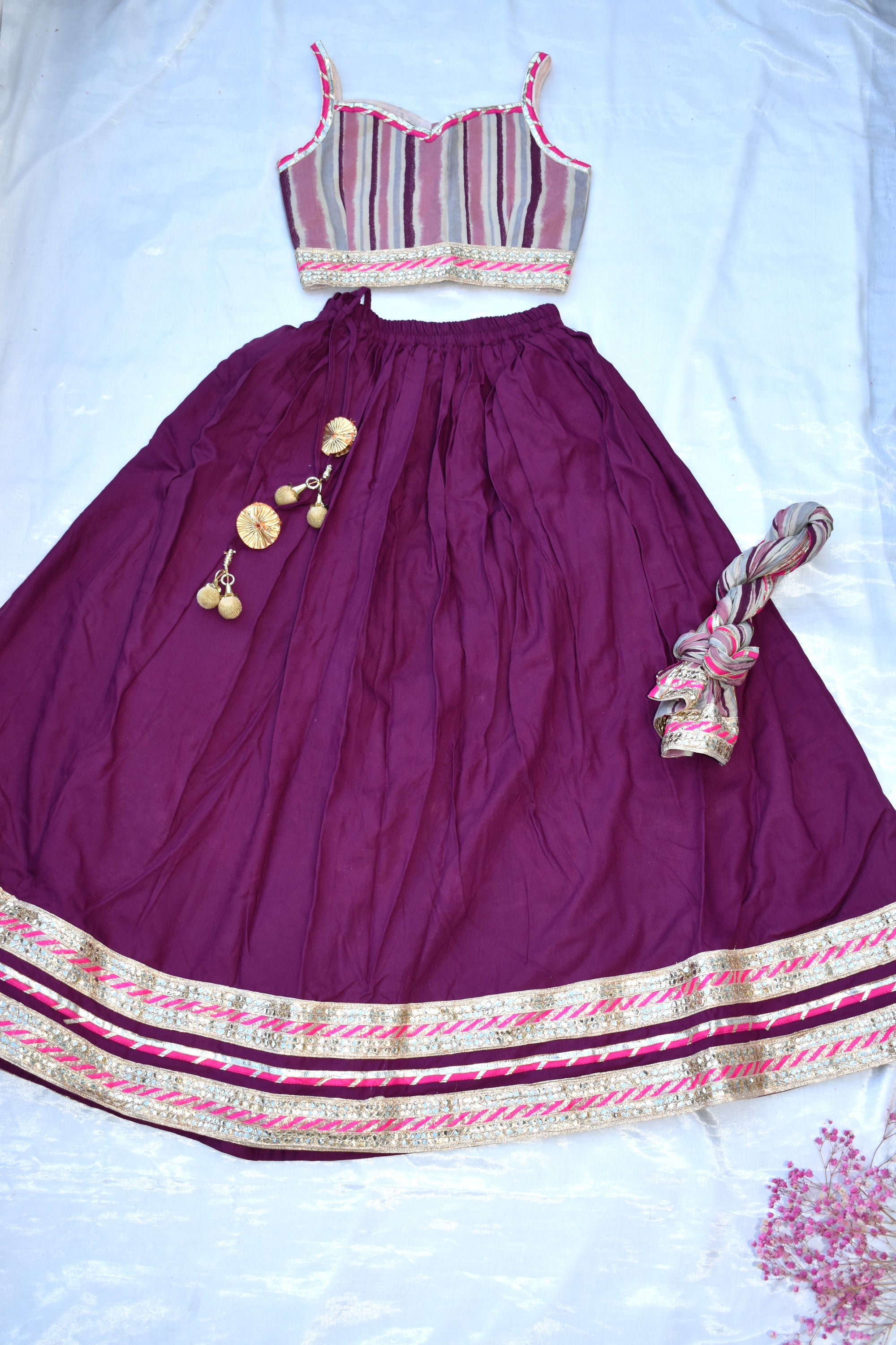 Burgundy lehenga with striped blouse and dupatta