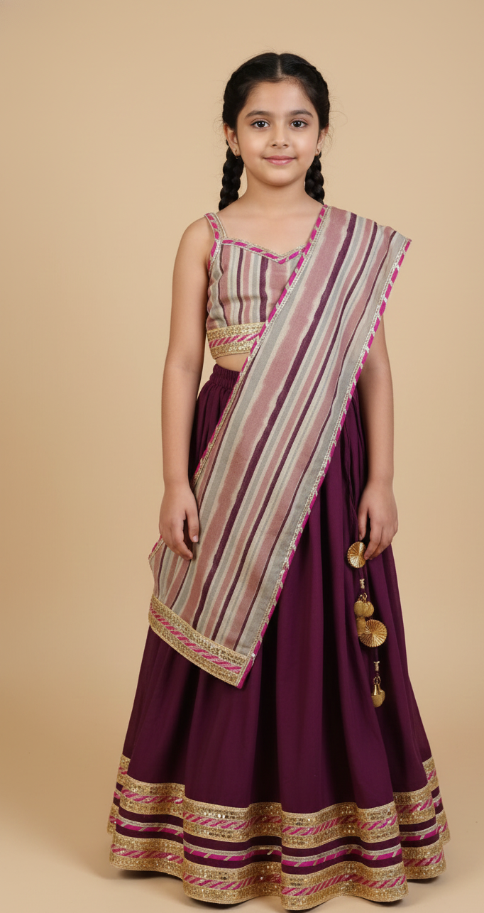 Burgundy lehenga with striped blouse and dupatta