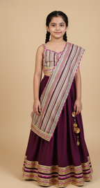 Burgundy lehenga with striped blouse and dupatta