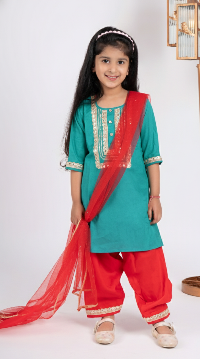Blue kurta with red payjama and dupatta set