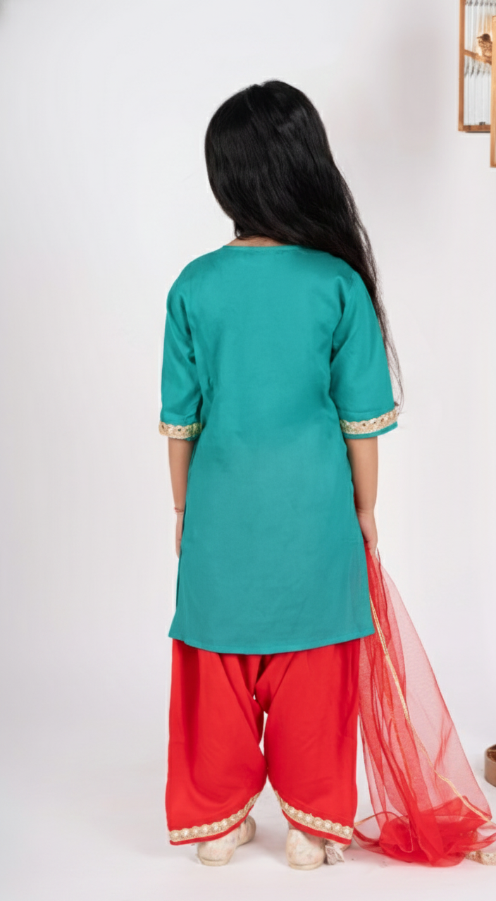 Blue kurta with red payjama and dupatta set