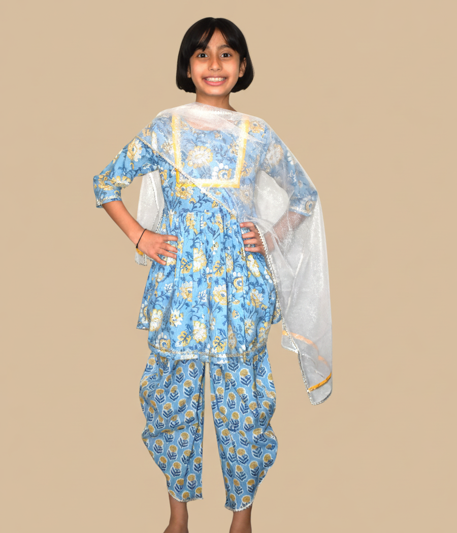 Blue printed peplum coord set for girls