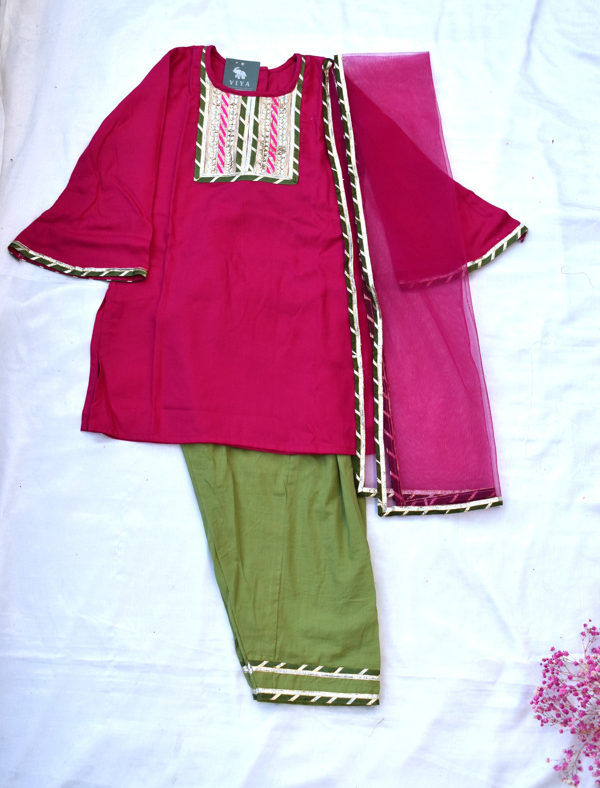 Pink kurta with green payjama and dupatta set