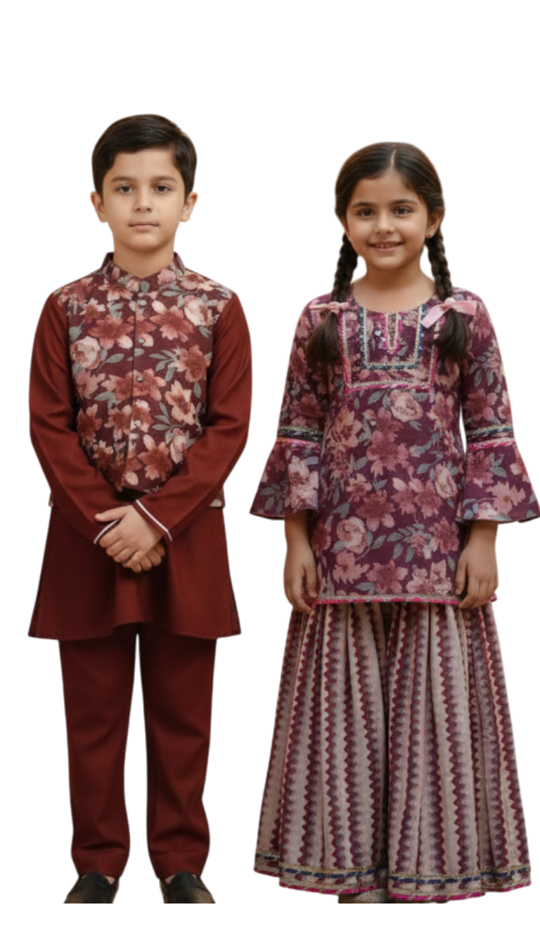 Girls wine floral sharara set