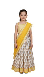 Yellow paisley lehenga with zig zag blouse and net dupatta