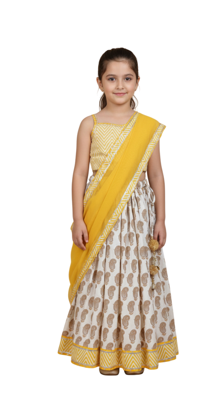 Yellow paisley lehenga with zig zag blouse and net dupatta