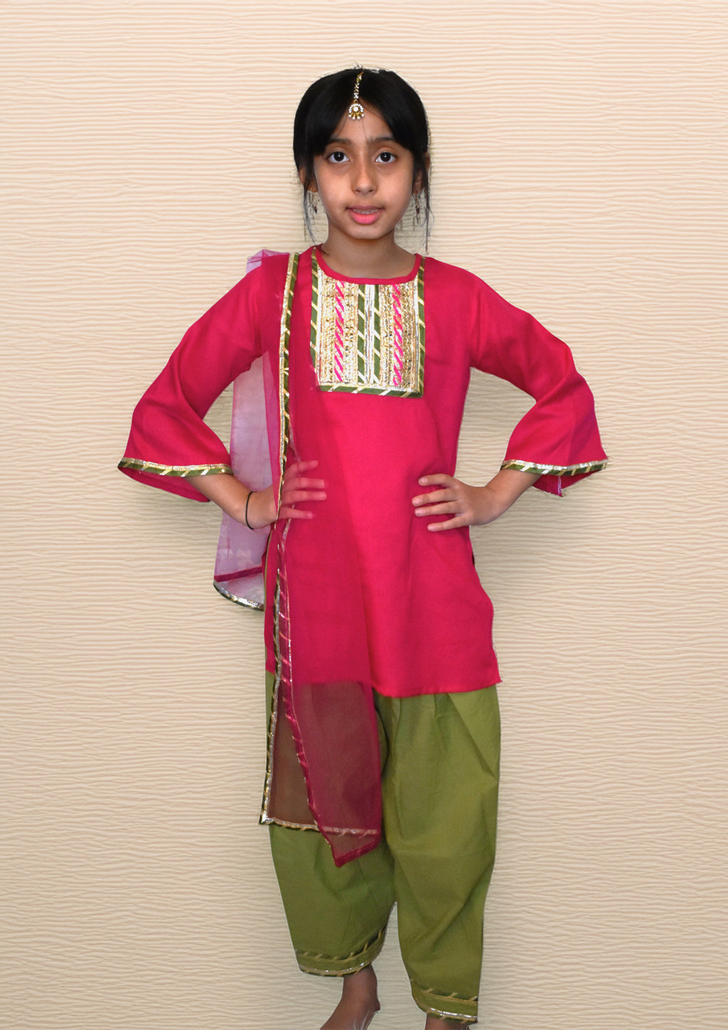 Pink kurta with green payjama and dupatta set