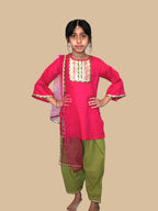Pink kurta with green payjama and dupatta set