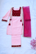Pink kurta payjama with  maroon dupatta set of 3