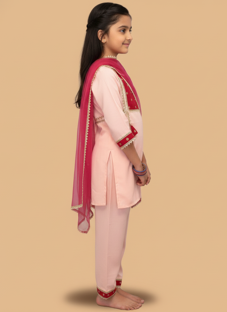 Pink kurta payjama with  maroon dupatta set of 3