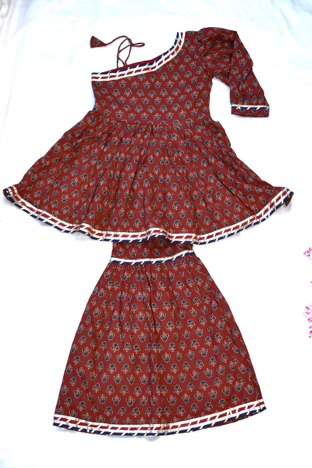 Maroon booti off shoulder printed peplum coord set for girls