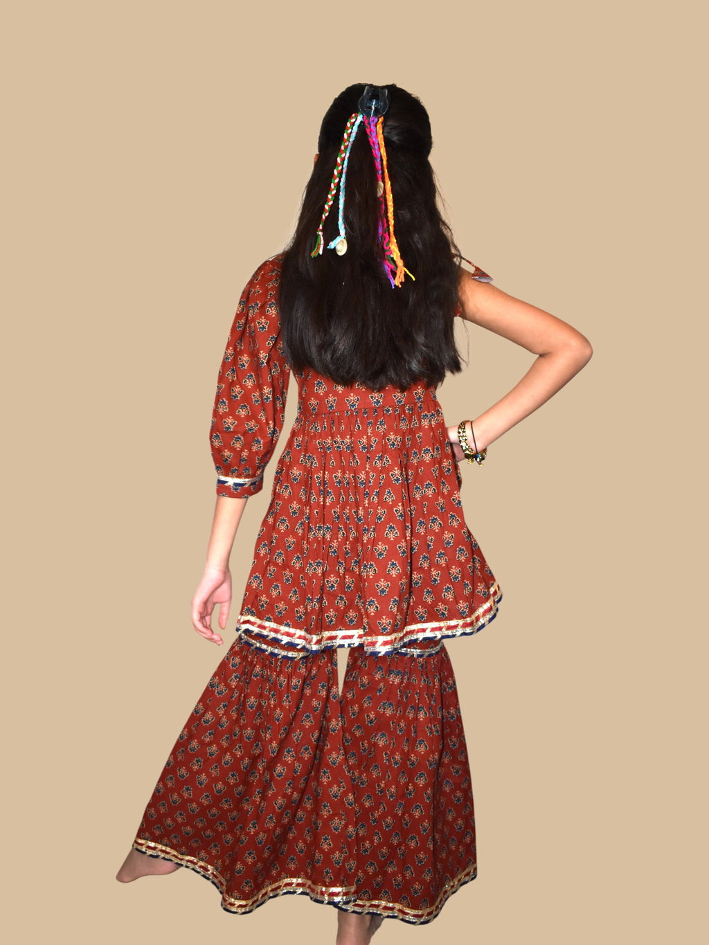 Maroon booti off shoulder printed peplum coord set for girls