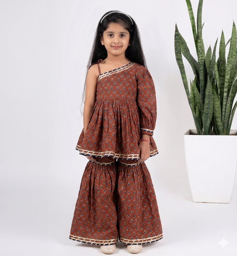 Maroon booti off shoulder printed peplum coord set for girls