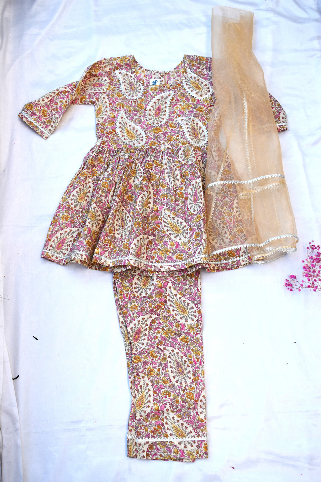 Beige paisley coord set with a gold dupatta