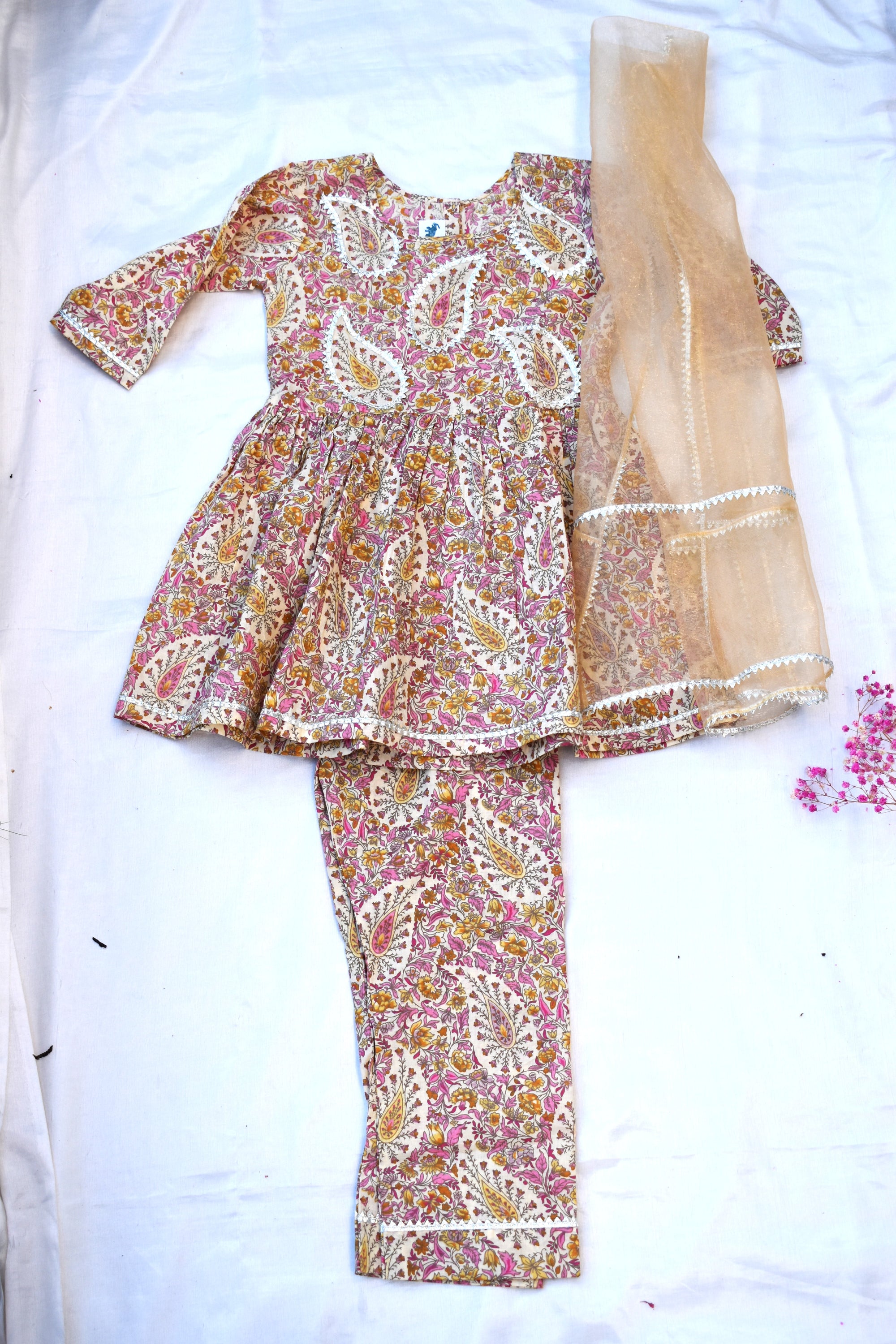 Beige paisley coord set with a gold dupatta
