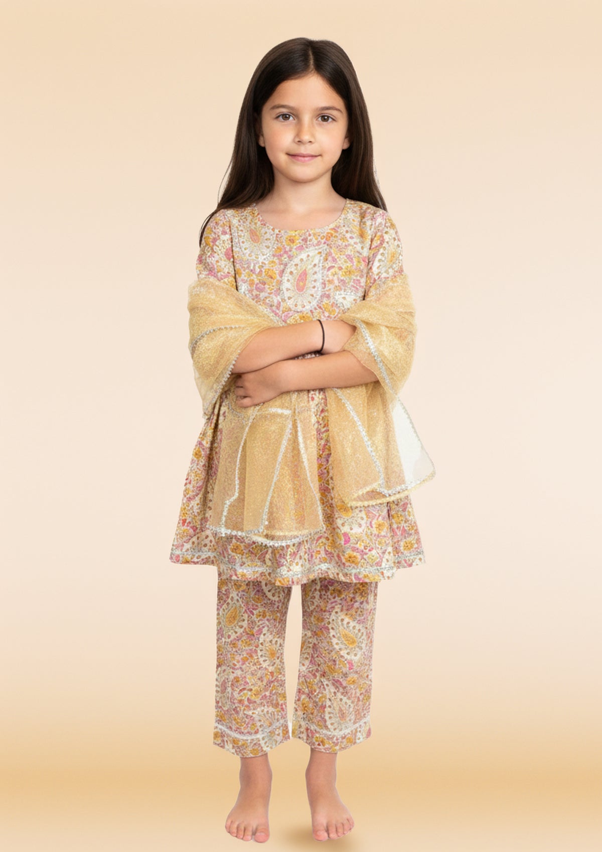 Beige paisley coord set with a gold dupatta