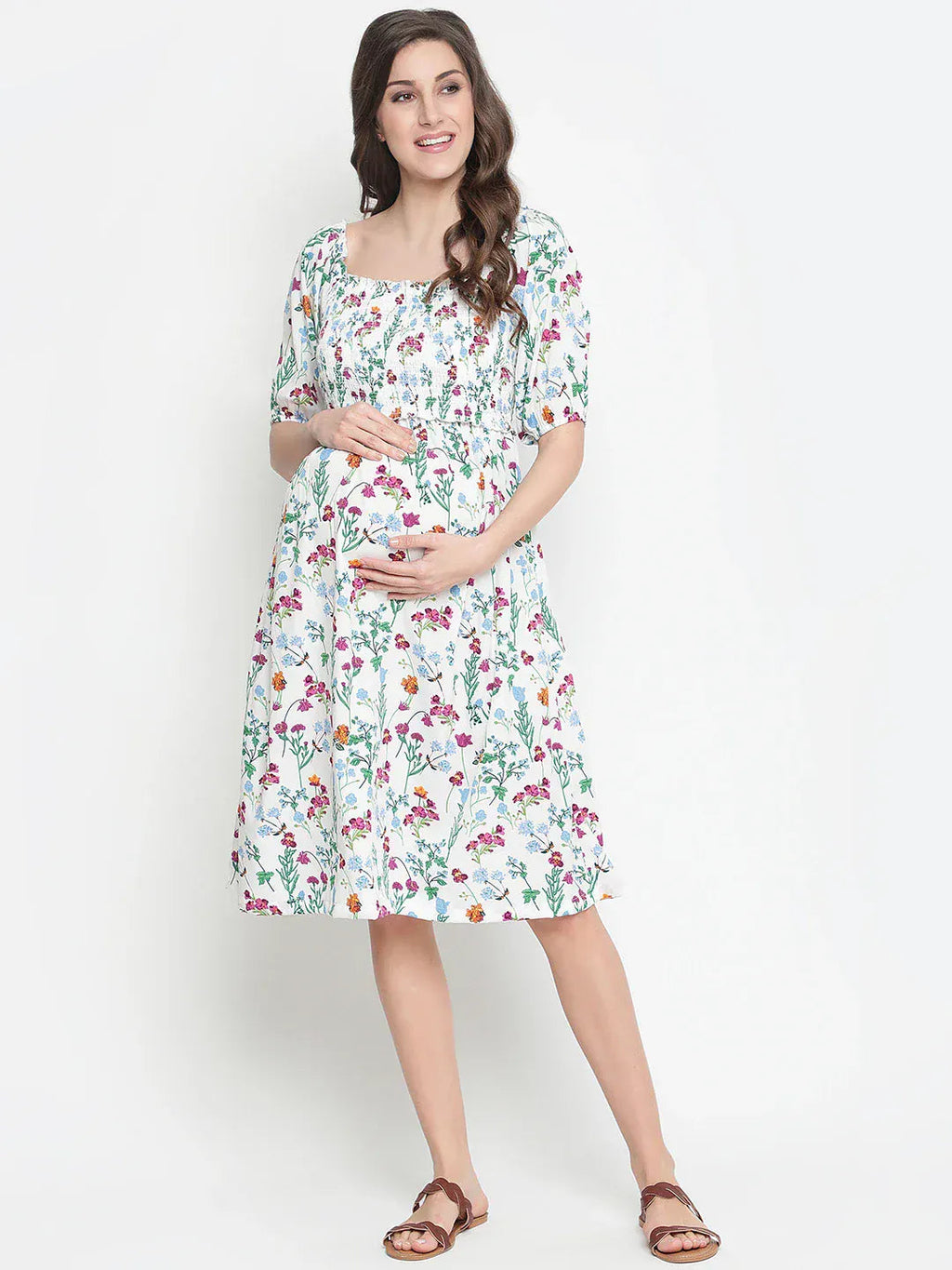 White Floral Print Maternity Dress