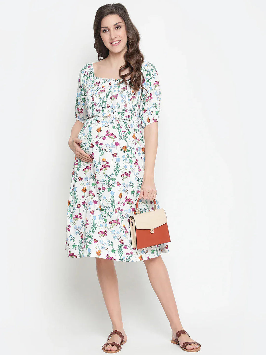 White Floral Print Maternity Dress