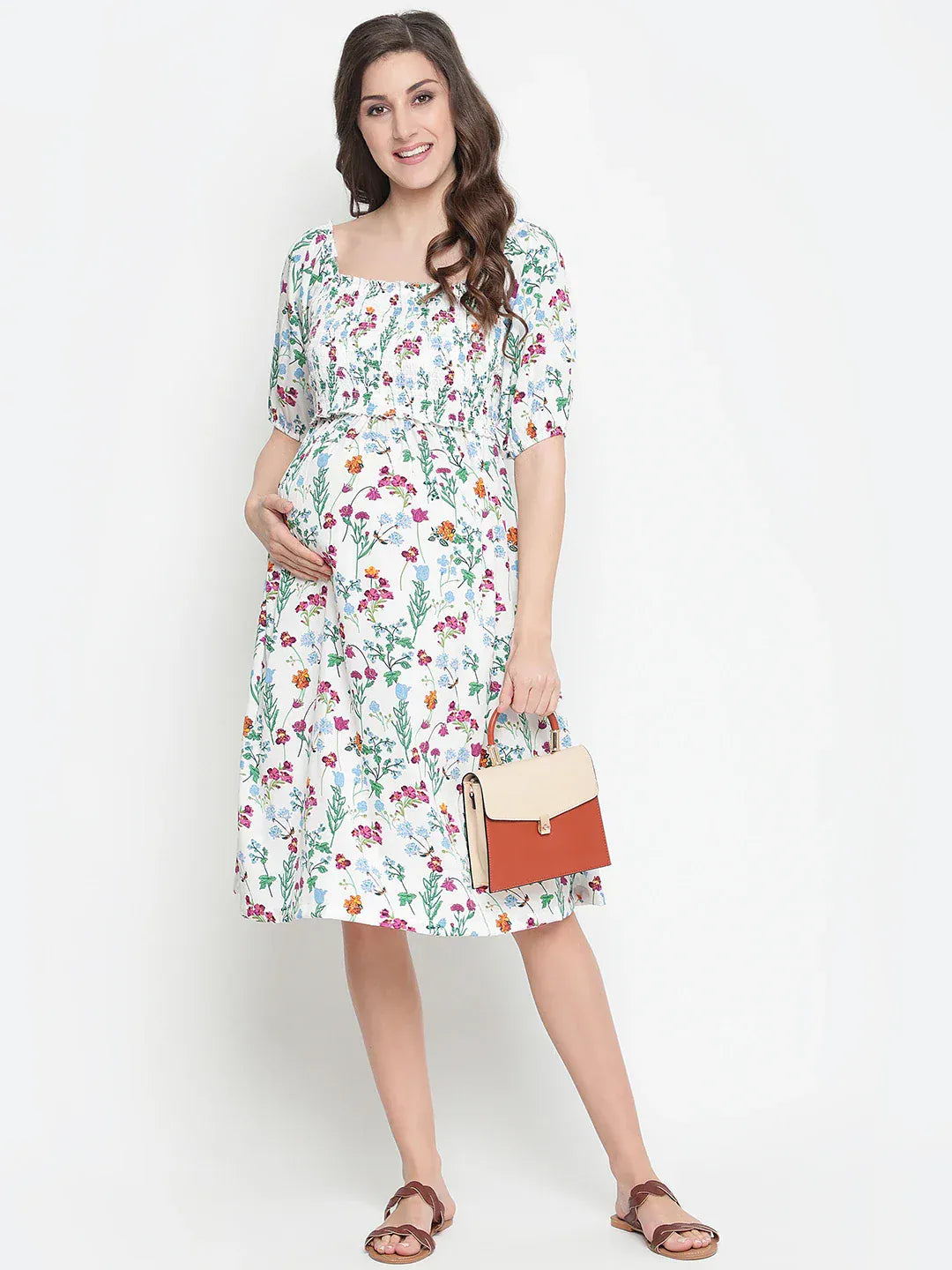 White Floral Print Maternity Dress