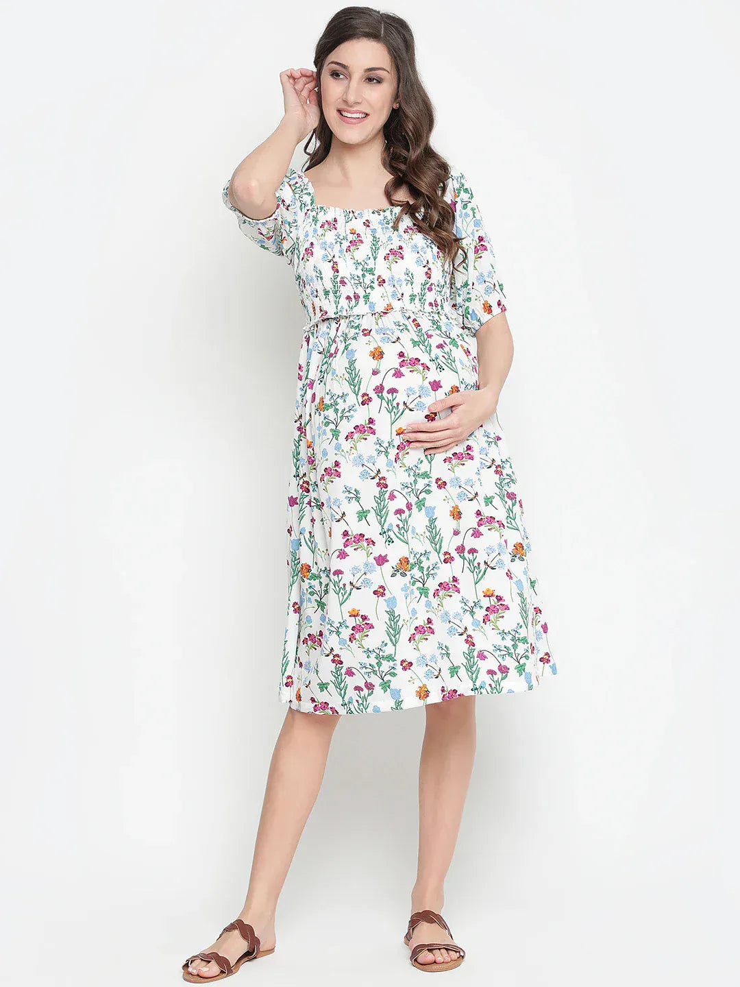 White Floral Print Maternity Dress