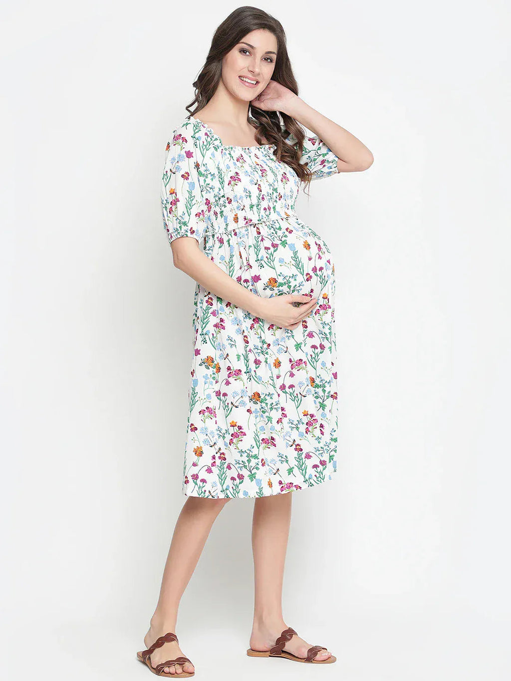 White Floral Print Maternity Dress