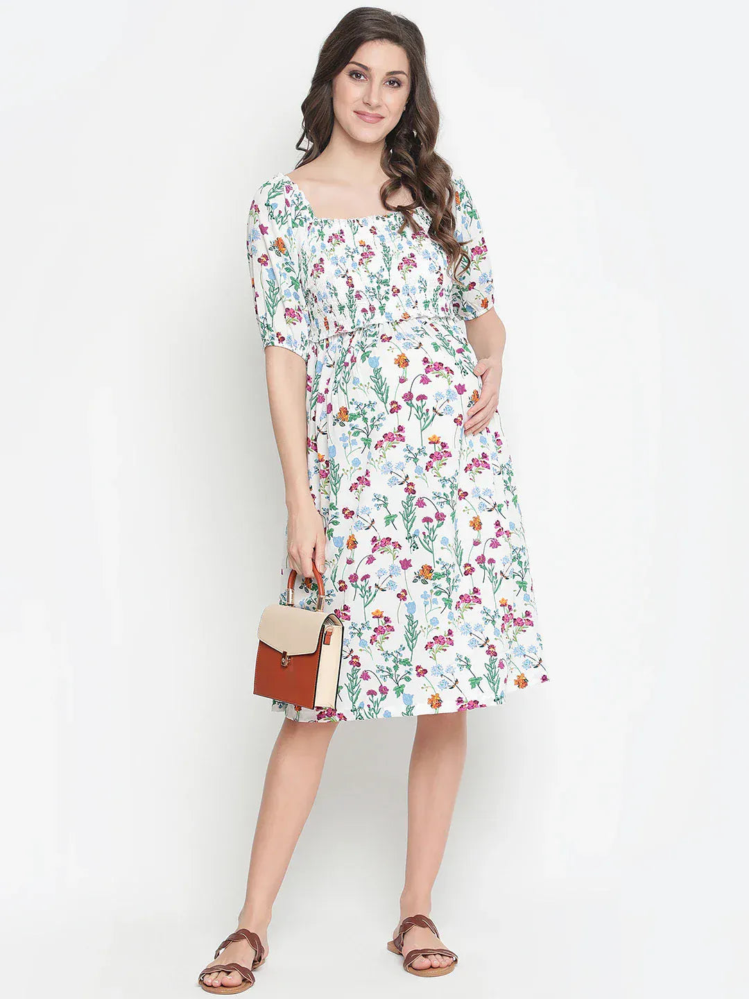 White Floral Print Maternity Dress