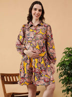Yellow Tropical Print Maternity Dress