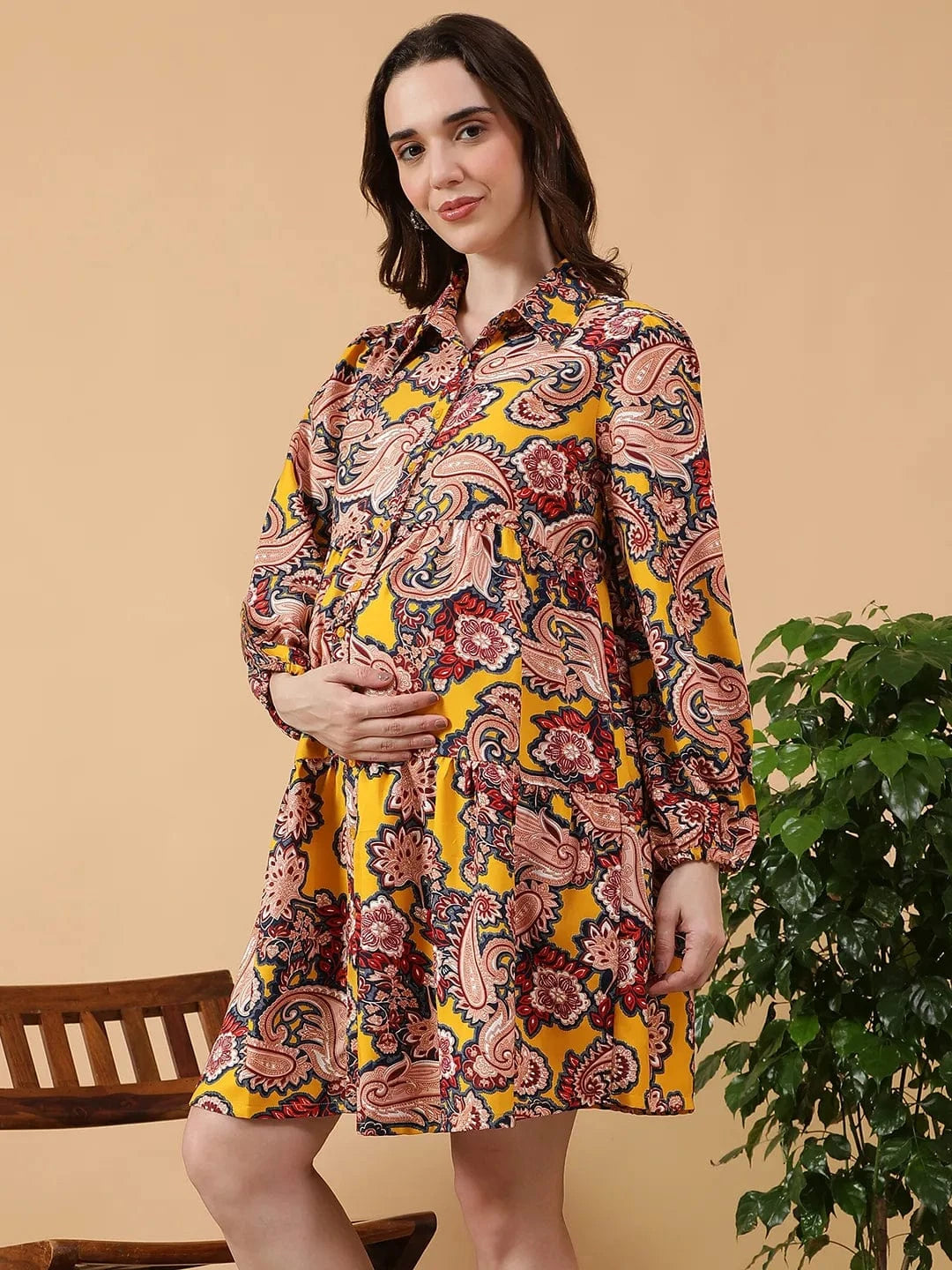 Yellow Tropical Print Maternity Dress