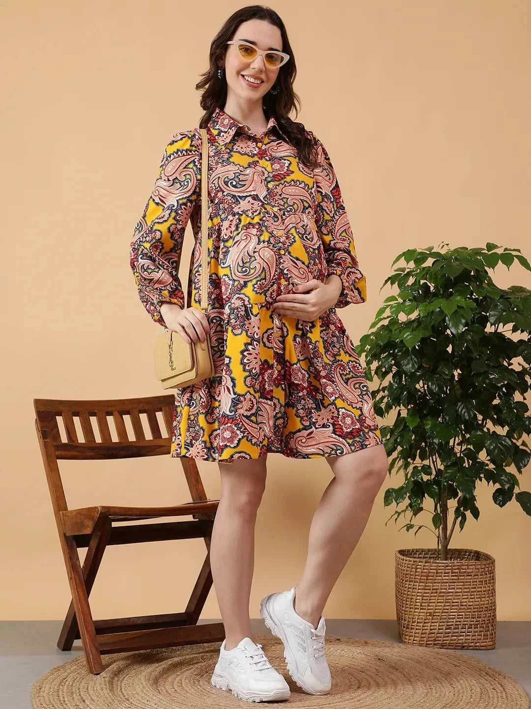 Yellow Tropical Print Maternity Dress
