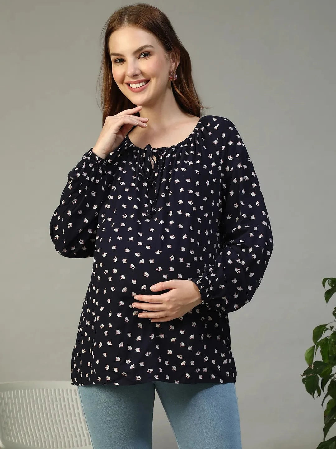 Navy Blue Floral Print Maternity Top