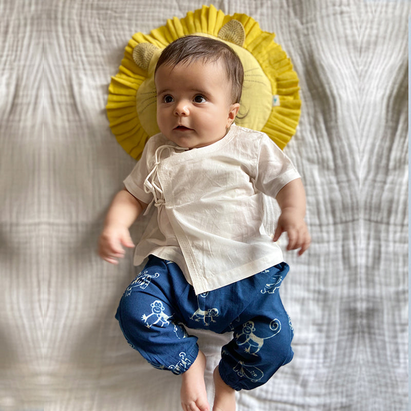 Unisex Organic White Angrakha Top + Zoo Print Indigo Pants