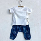 Unisex Organic White Angrakha Top + Zoo Print Indigo Pants