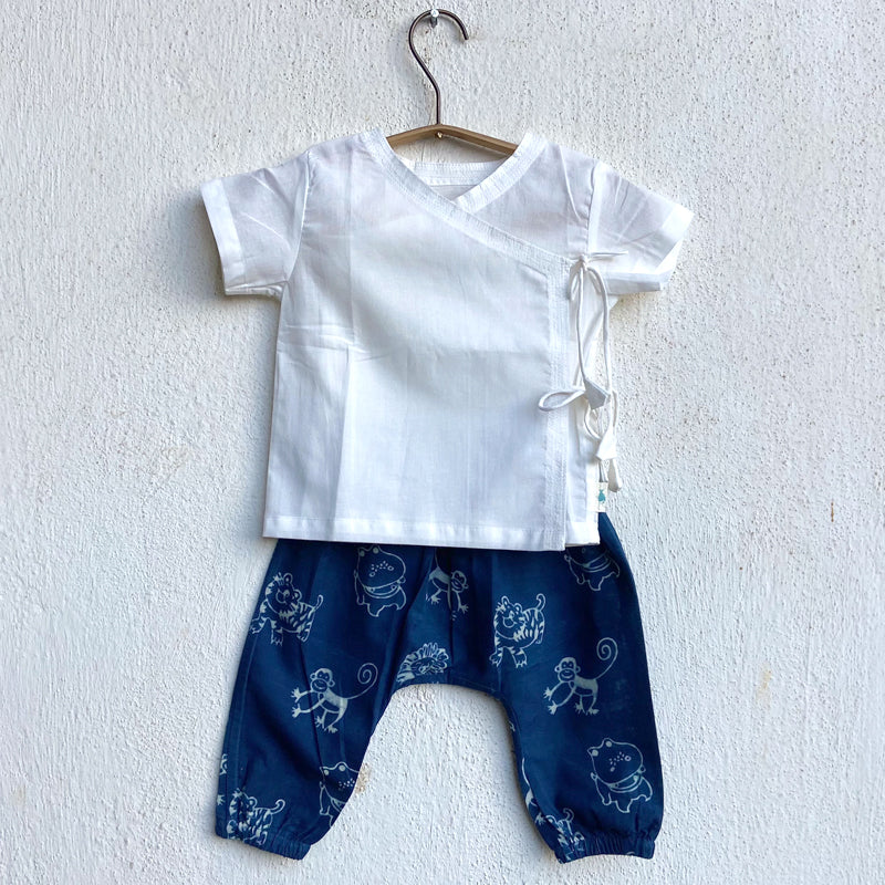 Unisex Organic White Angrakha Top + Zoo Print Indigo Pants