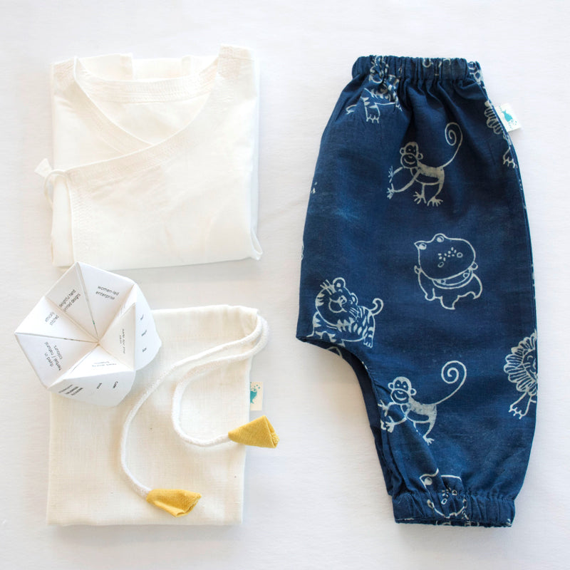 Unisex Organic White Angrakha Top + Zoo Print Indigo Pants