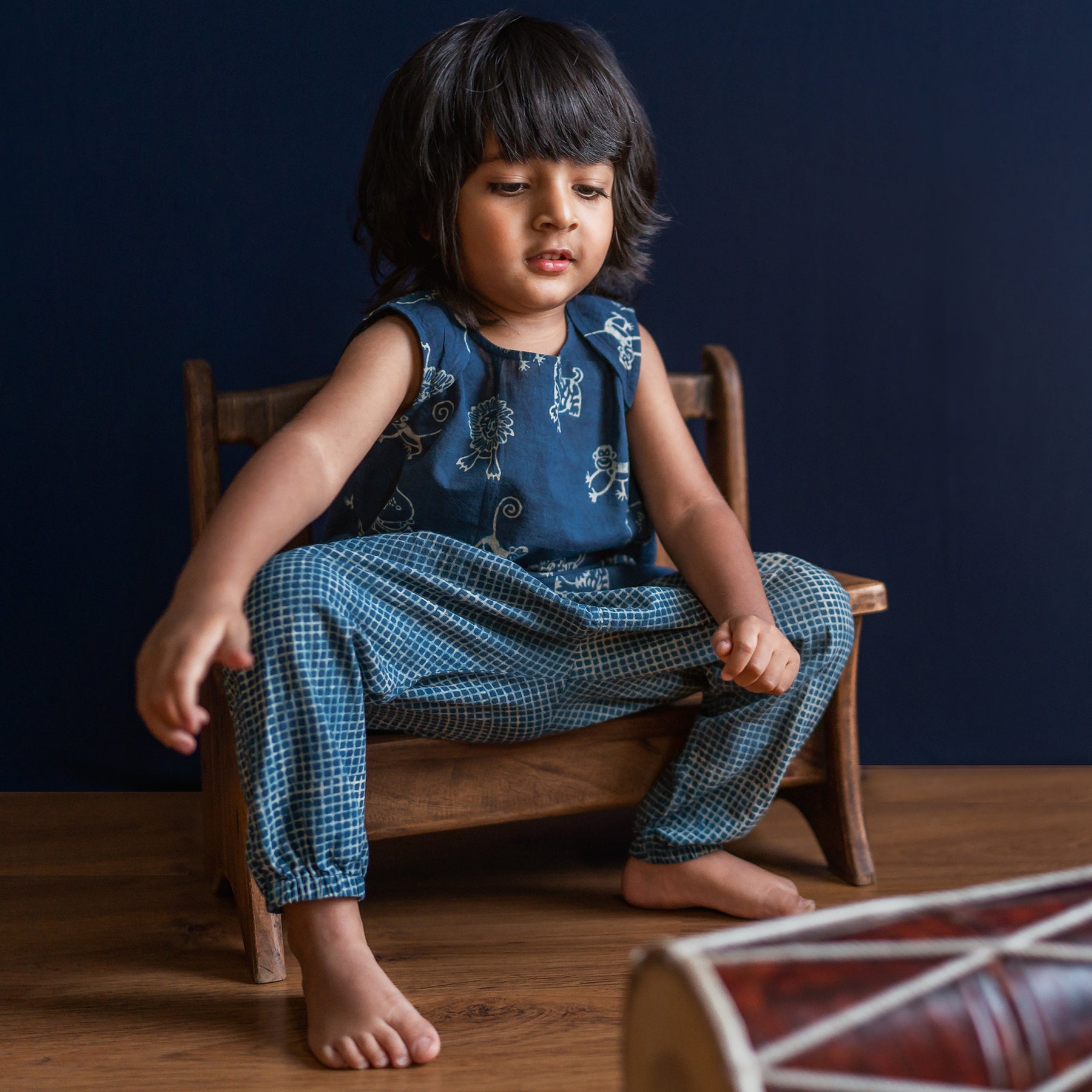 Unisex Organic Indigo Zoo Jhabla With  Check Pants